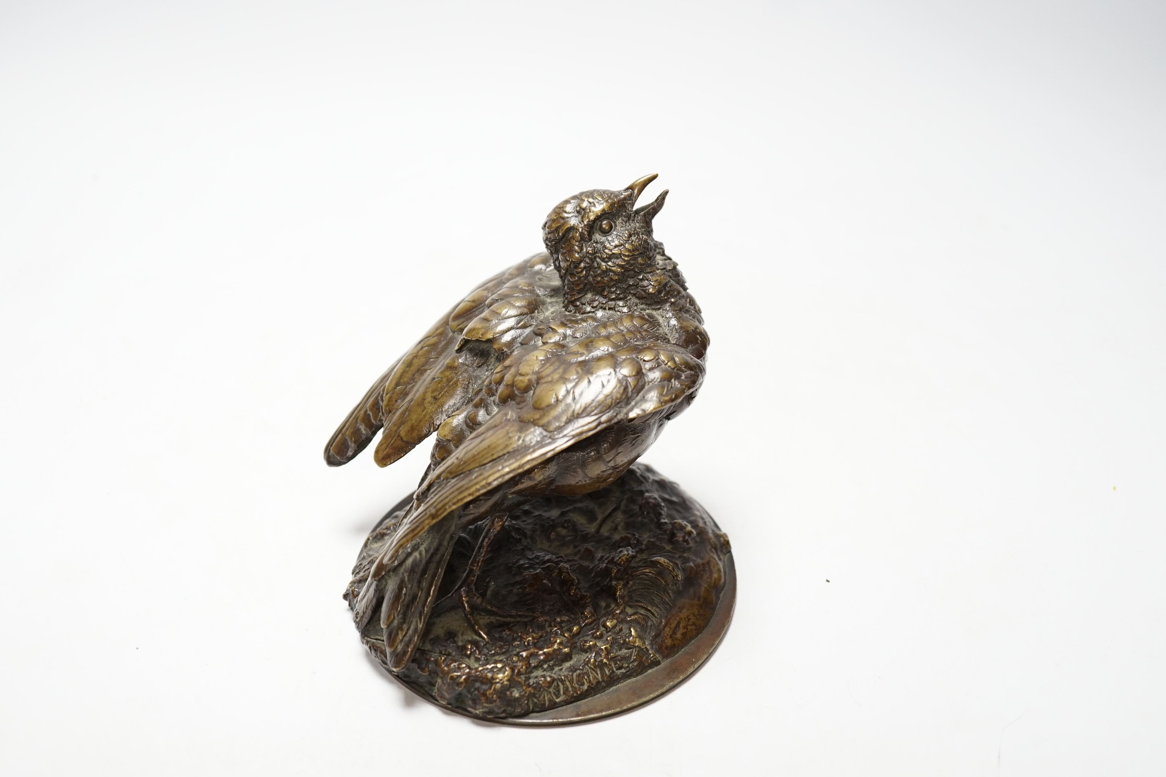 After Jules Moigniez (1835-1894), a bronze study of a bird, 13cm wide